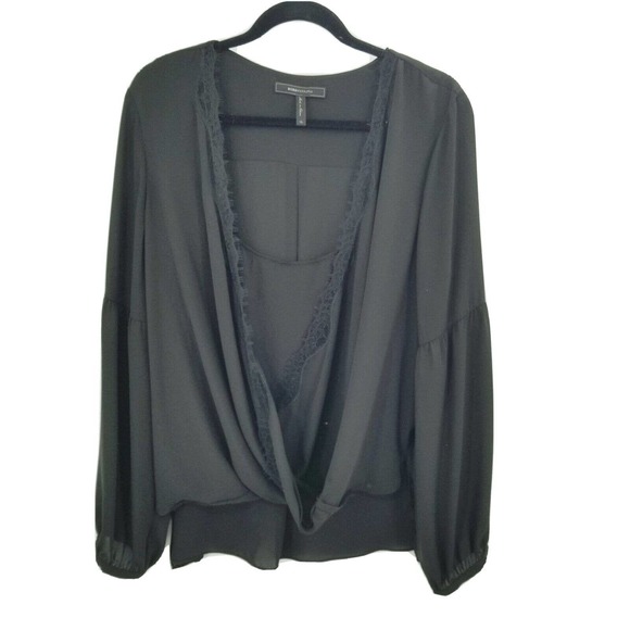 BCBGMaxazira black faux wrap blouse womens size XL long sleeve shell lace trim - Picture 1 of 12